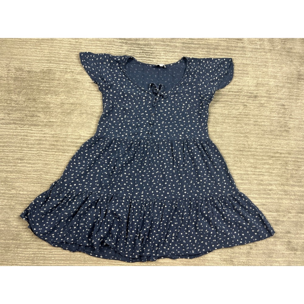 True Craft Babydoll Dress Women Large Navy Floral Tiered Flutter Sleeve Tie Neck